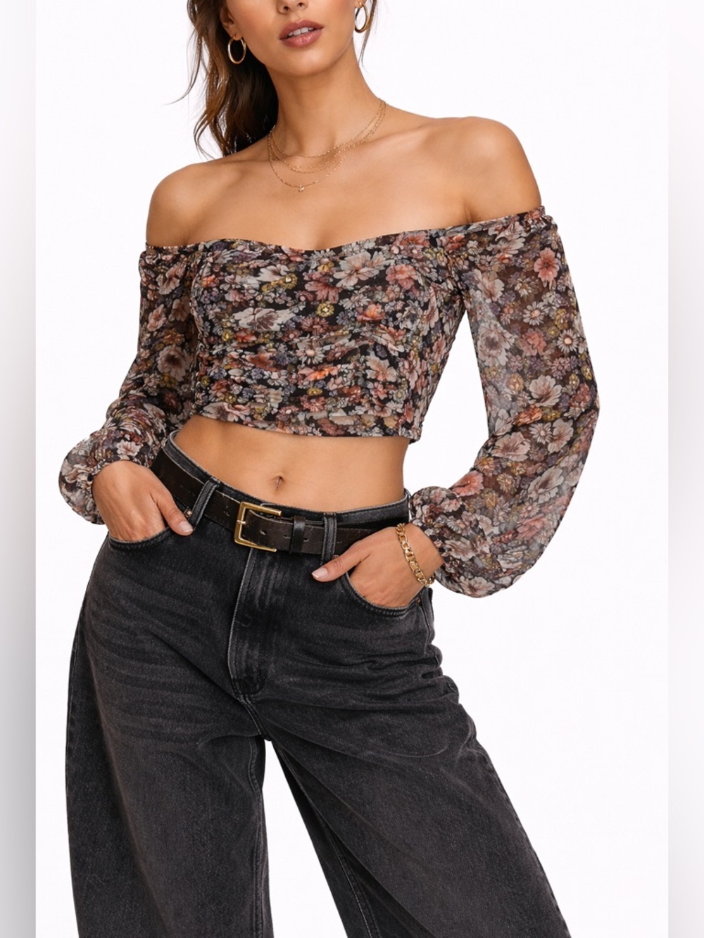 Long Sleeve Floral Crop Top size Large